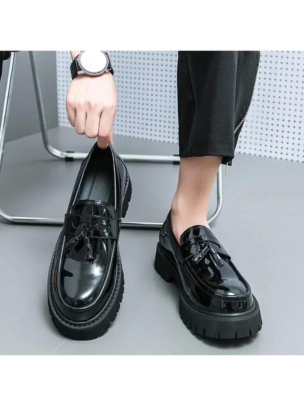 Men's Black Chunky Platform Loafers Slip On Business Casual Dress Shoes